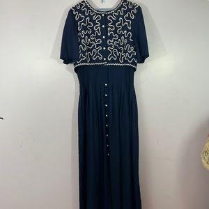 Vintage Plaza South, size 8, rayon maxi dress,embroidered/Pearl embellished